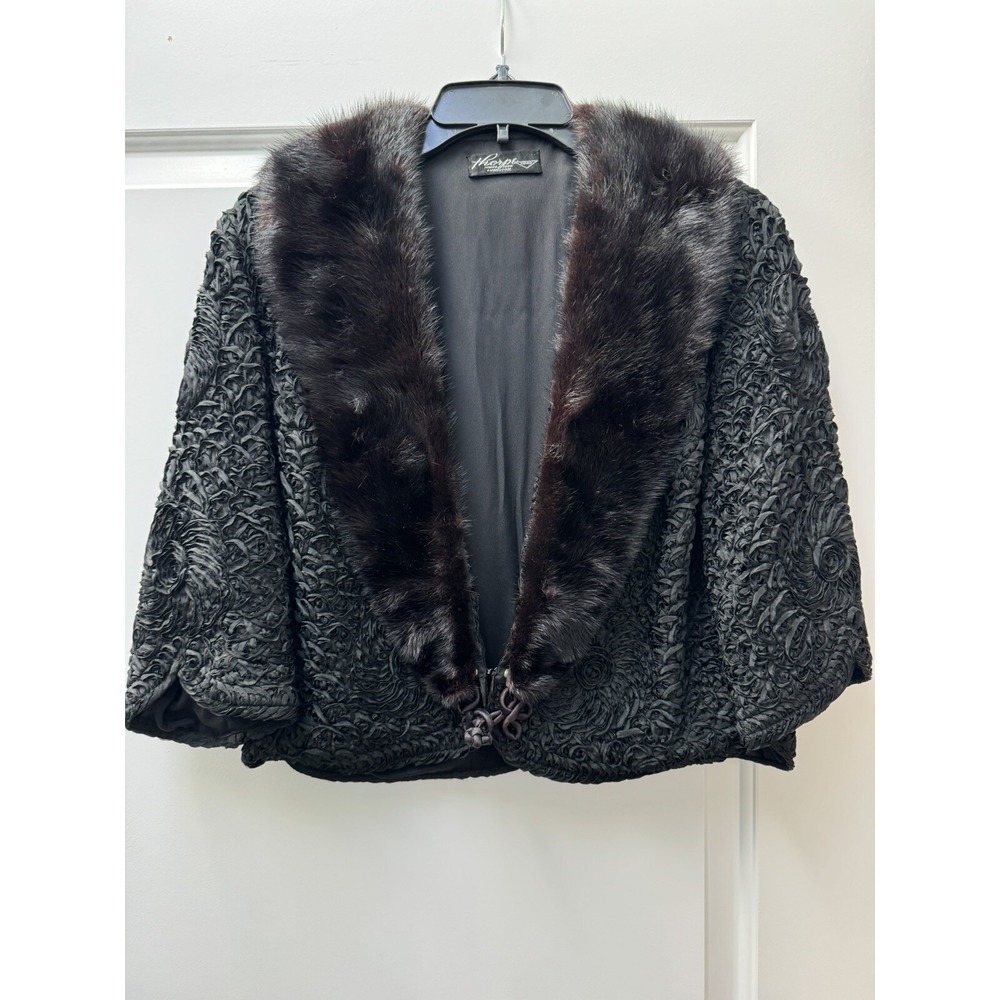 Vintage 1950s Formal Cape Stole Soutache Swirl 3/4 Sleeve Mink Fur Trim‎